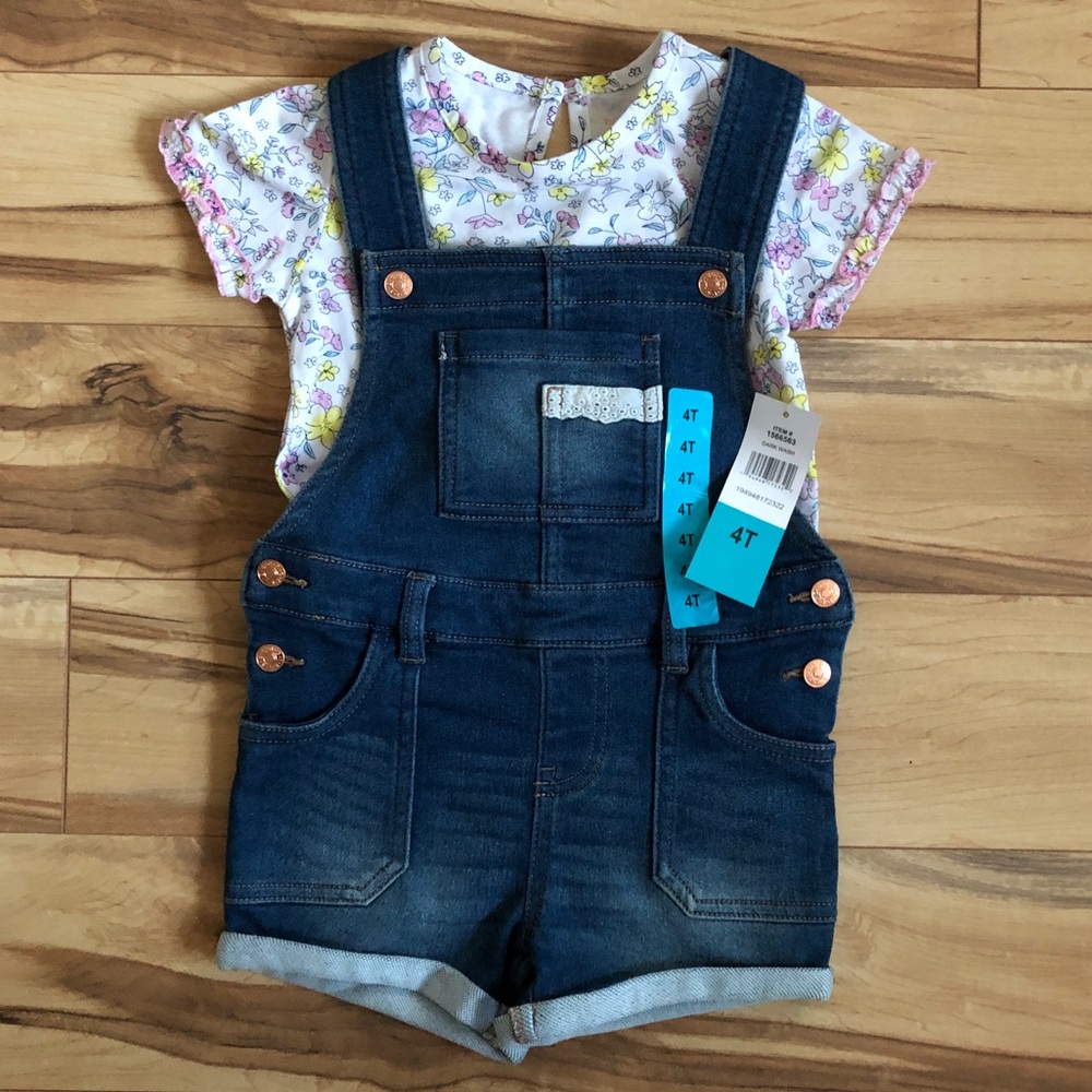 NWT BCBG Girls Floral Top & Denim Overall Shorts Outfit (Size: 4T)